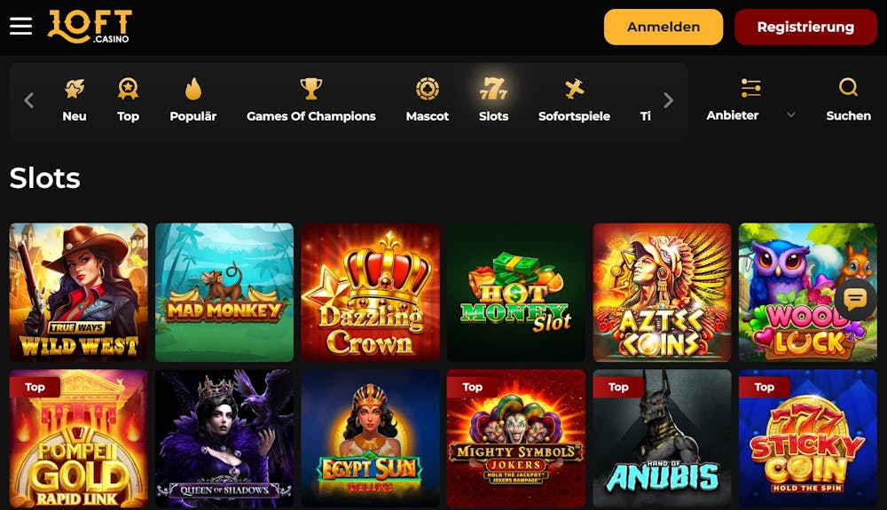 Spiellobby im Loft Casino zeigt Slots wie Dazzling Crown neben anderen Spielkategorien