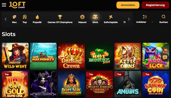 Spiellobby im Loft Casino zeigt Slots wie Dazzling Crown neben anderen Spielkategorien