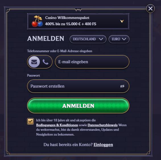 Anmeldeformular im Lolajack Casino