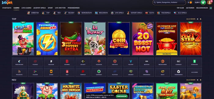 Spiellobby im Lolajack Casino zeigt Spiele wie Le Bunny neben anderen Spielkategorien