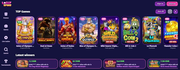 Lolly Spins Casino Screenshot mit der Startseite, auf welcher man die Slot Auswahl sieht.