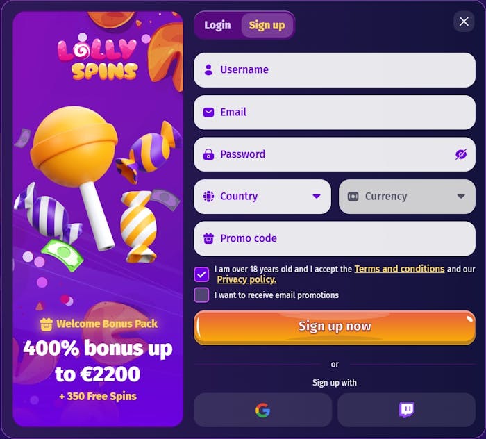 Lolly Spins Casino Screenshot mit der Anmeldeseite zum Eingeben der Daten, damit man sich im Casino anmelden kann.