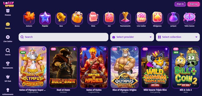 Lolly Spins Casino Screenshot mit der Spieleauswahl.