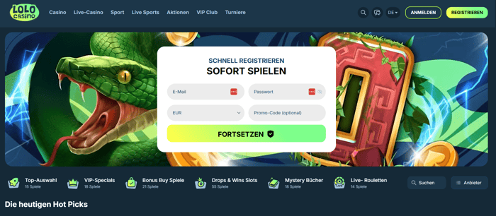Lolo Casino Screenshot mit der Startseite, auf welcher der Casino Willkommensbonus angezeigt wird,