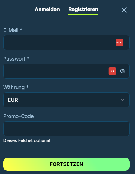 Lolo Casino Screenshot mit der Anmeldeseite zum Eingeben der Daten.