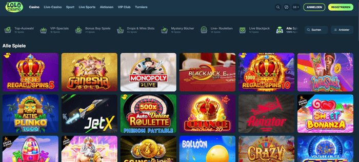 Lolo Casino Screenshot mit der Spieleseite, auf welcher die Slots angezeigt werden.