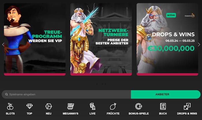 Die Homepage von Lordspin Casino mit einer Beschreibung über verschiedene Aktionen