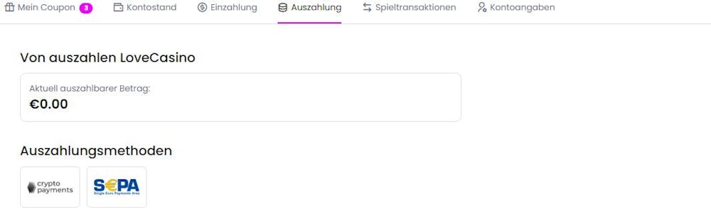 Auszahlungsformular im Love Casino mit Feld für Betrag und Auszahlungsmethoden