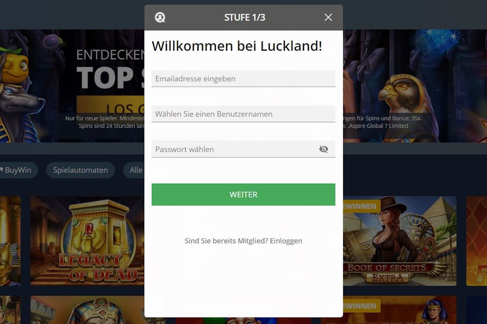 So registrieren Sie sich bei Luckland Casino