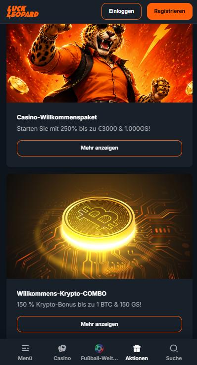 Startseite im LuckLeopard Casino zeigt Casino Willkommenspaket