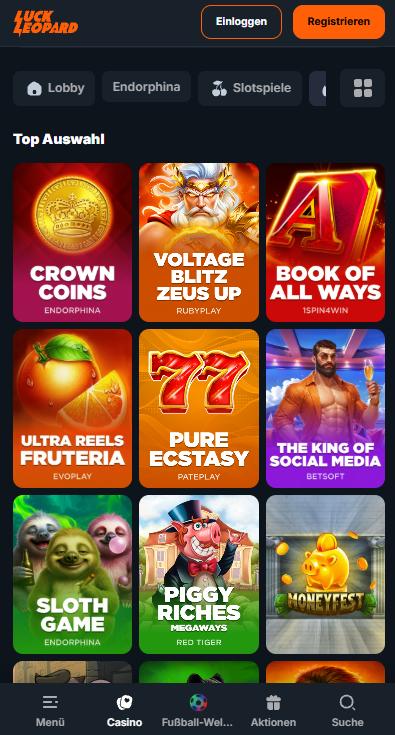Spiellobby im LuckLeopard Casino zeigt top Spiele wie Crown Coins neben anderen Spielkategorien