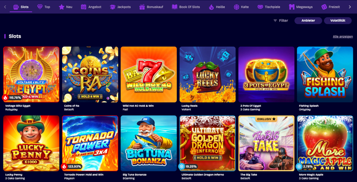 Spiellobby im LuckNation Casino zeigt Spiele wie Lucky Penny neben anderen Spielkategorien