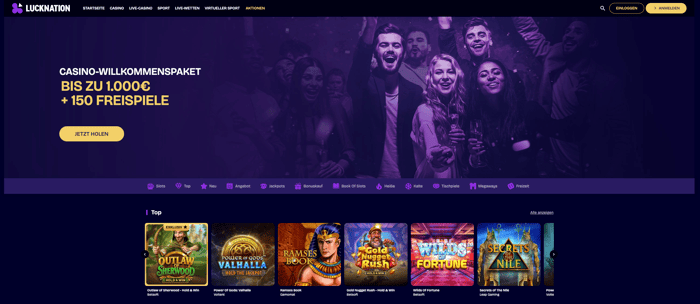 Startseite im LuckNation Casino zeigt Willkommensbonus, Menü und Spielkategorien