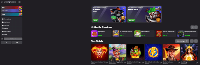 Startseite im Luckycapone Casino zeigt top Spiele, Menü und hohe Gewinne