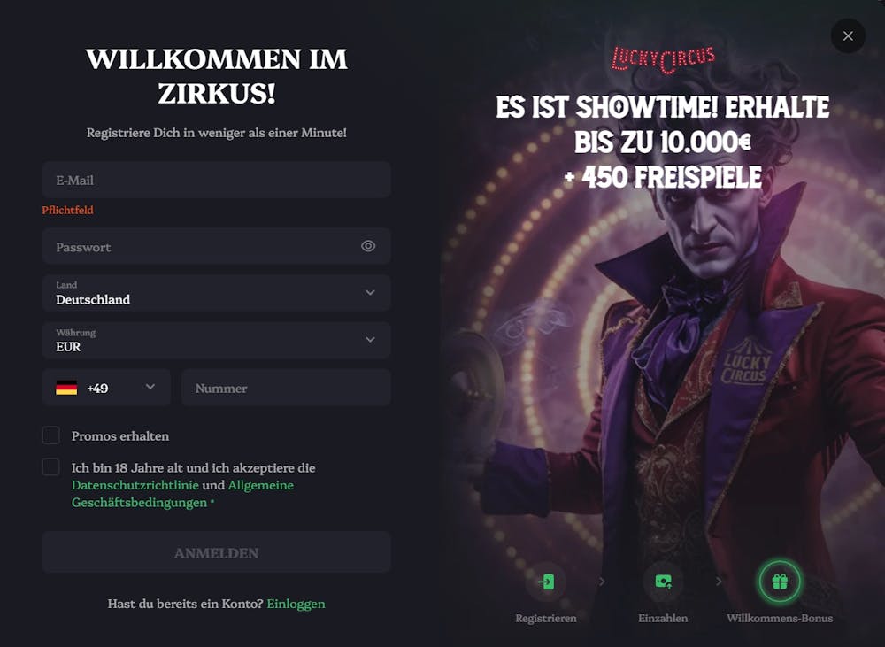 Registrierungsformular im Lucky Circus Casino