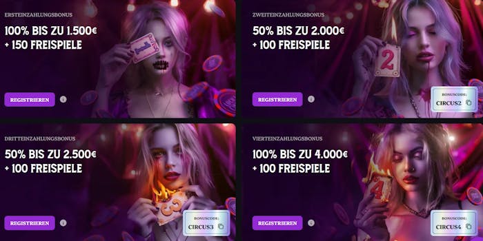 Willkommensbonuspaket im Lucky Circus Casino auf die ersten vier Einzahlungen