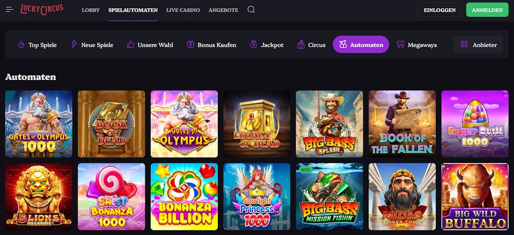 Spiellobby im Lucky Circus Casino zeigt beliebte Automaten wie Gates of Olympus neben Filteroptionen und Casinokategorien