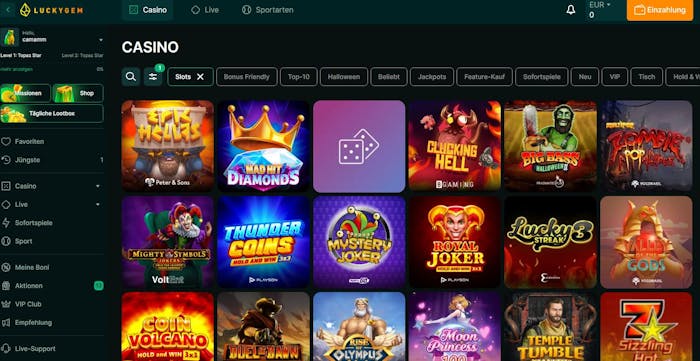 Spiellobby im Lucky Gem Casino zeigt Spiele wie Sizzling Hot neben anderen Spielkategorien