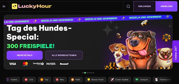 Die Homepage von Lucky Hour Casino