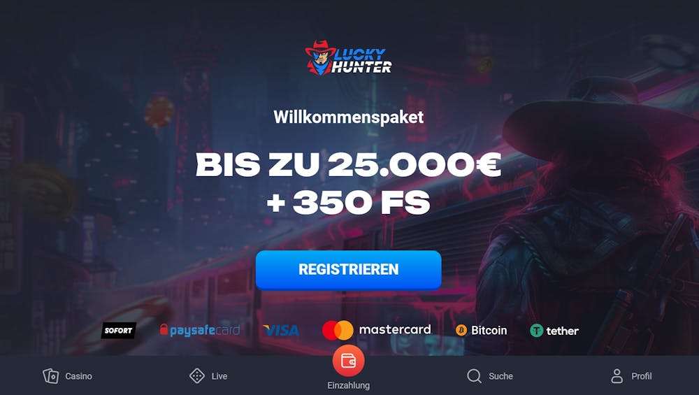 Startseite im Lucky Hunter Casino zeigt Willkommenspaket