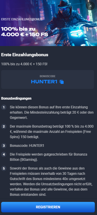100 Prozent Einzahlungsbonus bis zu 4.000 € im Lucky Hunter Casino