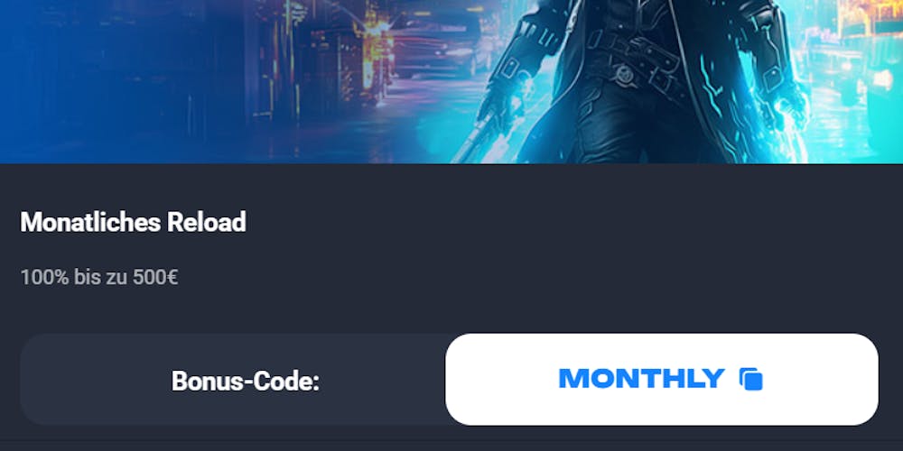 Screenshot vom Lucky Hunter Casino mit dem monatlichen Reload Bonus 100 % bis 500 € und Bonuscode MONTHLY.