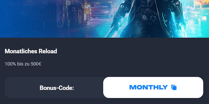 Screenshot vom Lucky Hunter Casino mit dem monatlichen Reload Bonus 100 % bis 500 € und Bonuscode MONTHLY.