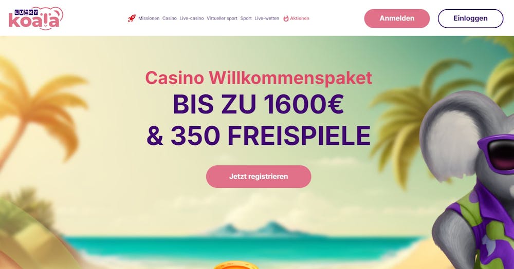 Die Homepage von Lucky Koala Casino, in der Beschreibung Informationen zu dem WIllkommensbonus von bis zu 1.600€ und 350 Freispielen