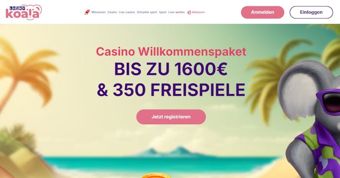 Die Homepage von Lucky Koala Casino, in der Beschreibung Informationen zu dem WIllkommensbonus von bis zu 1.600€ und 350 Freispielen
