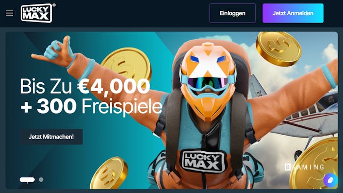 Screenshot vom Lucky Max Casino mit dem Willkommensangebot bis 4.000 € und 300 Freispiele.