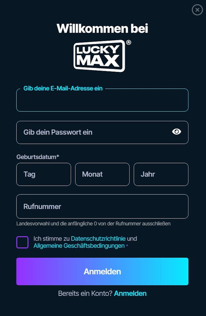 Luckymax Casino Screenshot mit der Anmeldeseite.