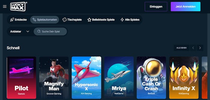 Luckymax Casino Screenshot mit der Auswahl der Casino Slots.