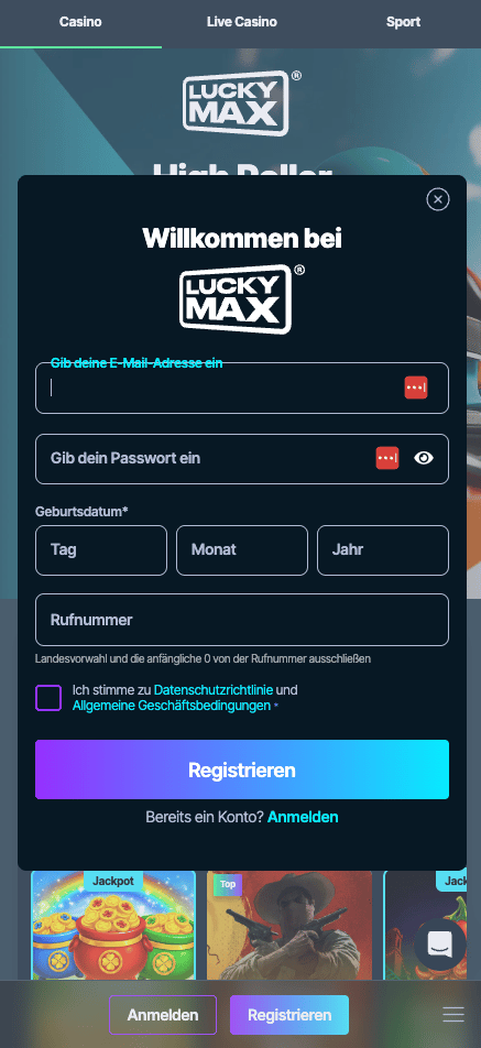 Anmeldung im Luckymax Casino