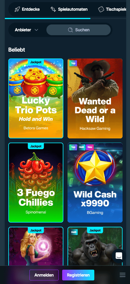 Spiellobby im Luckymax Casino zeigt Spiele wie Wanted Dead or a Wild neben anderen Spielkategorien