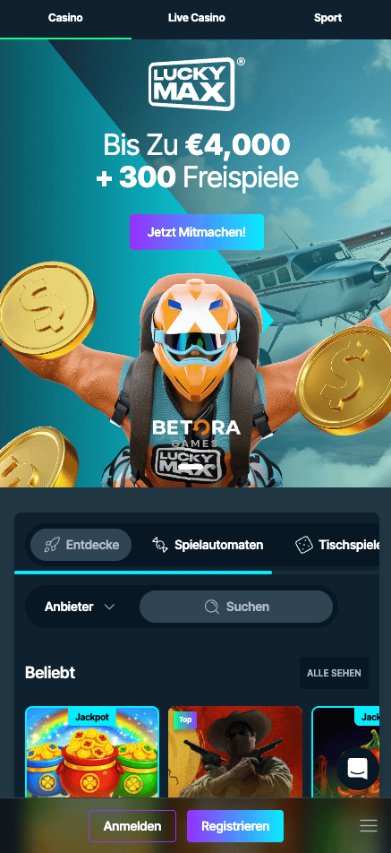 Startseite im Luckymax Casino zeigt Willkommensbonus und beliebte Spiele