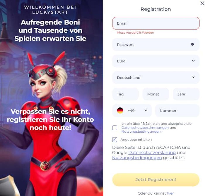 Anmeldeformular im LuckyStart Casino