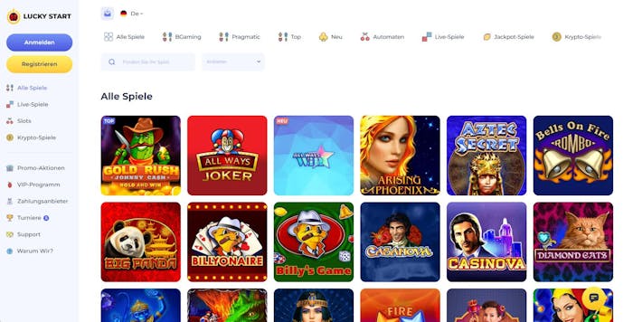Spiellobby im LuckyStart Casino zeigt Spiele wie Casinova neben anderen Spielkategorien
