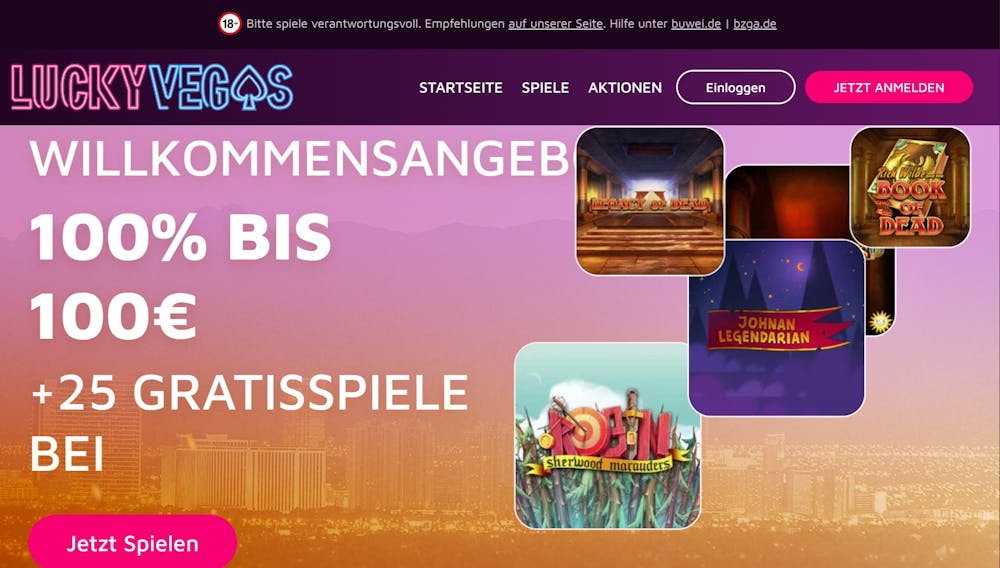 Die Homepage von Lucky Vegas Casino mit einer Beschreibung über das Willkommensangebot von 100 % bis zu 100 € + 25 Freispiele