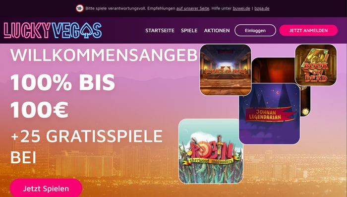 Die Homepage von Lucky Vegas Casino mit einer Beschreibung über das Willkommensangebot von 100 % bis zu 100 € + 25 Freispiele