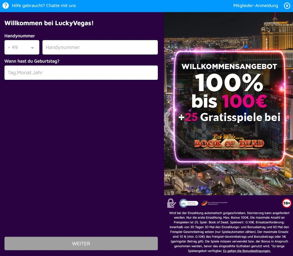Das Registrierungsformular von Lucky Vegas Casino