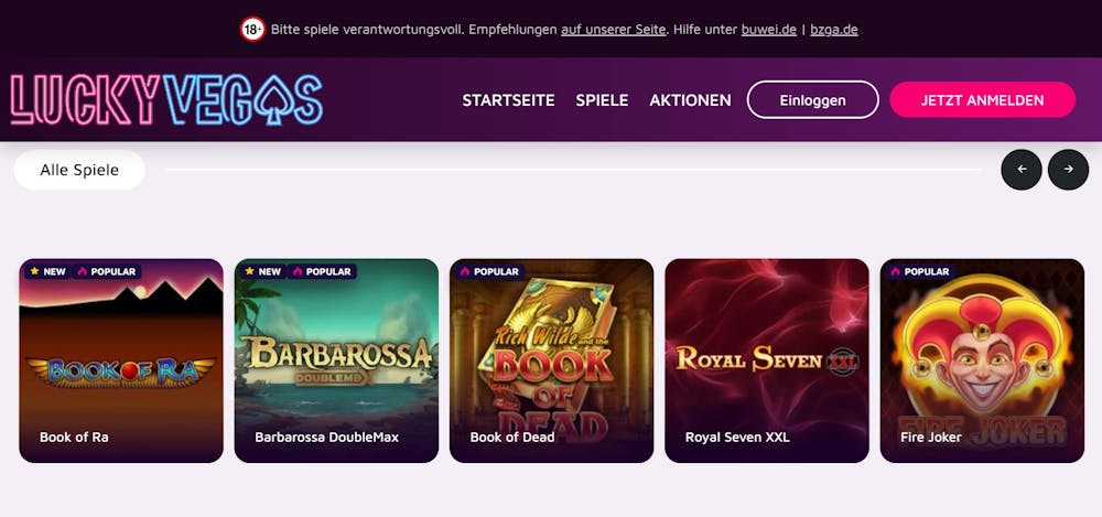 Die Spielauswahl bei Lucky Vegas Casino mit vielen verschiedenen Titeln wie Book of Ra und Fire Joker