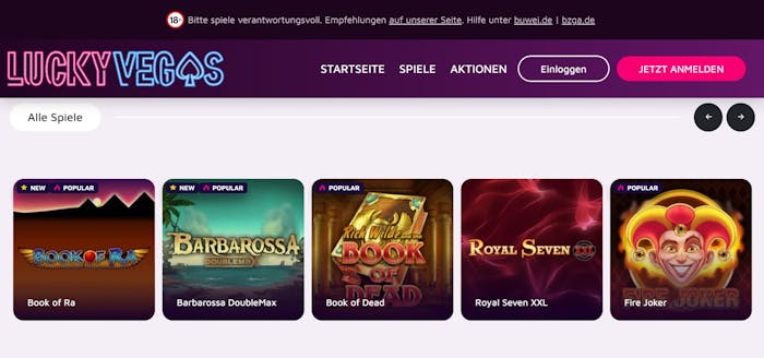 Die Spielauswahl bei Lucky Vegas Casino mit vielen verschiedenen Titeln wie Book of Ra und Fire Joker