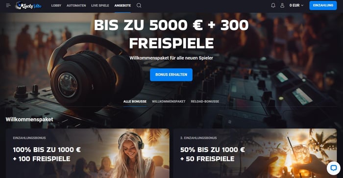Lucky Vibe Casino Screenshot mit dem Willkommensbonus, der momentan im Casino 5.000 € und 300 Freispiele umfasst.