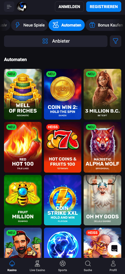 Spiellobby im Lucky Vibe Casino zeigt Automatenspiele wie Well of Riches neben anderen Spielkategorien