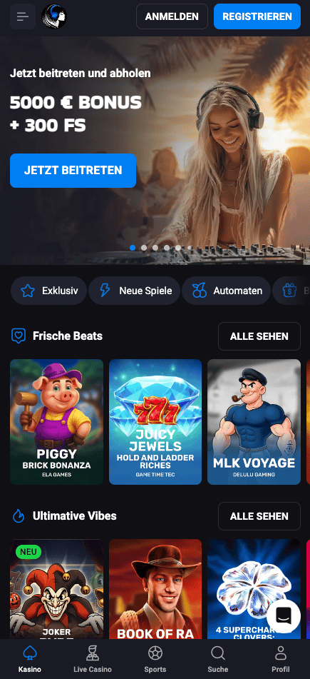 Startseite im Lucky Vibe Casino zeigt Willkommensbonus neben Spielkategorien