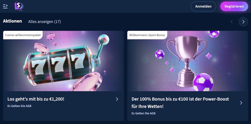 Screenshot Lunar Spins Casino mit dem Willkommensangebot.