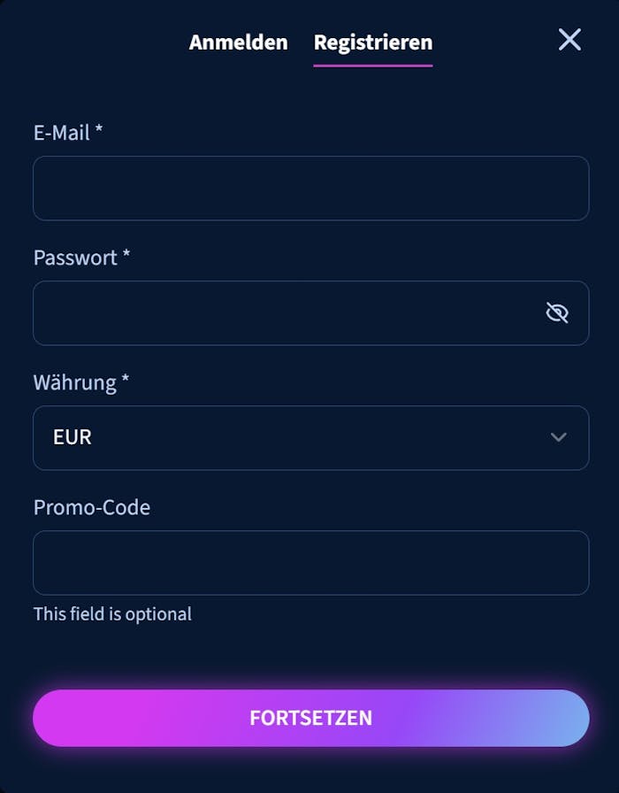 Lunar Spins Casino Screenshot mit der Anmeldemaske, in welche die Daten zum Anmelden eingegeben werden.
