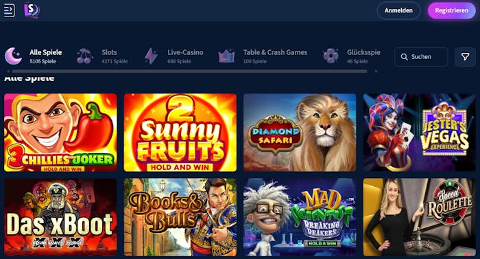 Lunar Spins Casino Screenshot mit der Slot Auswahl.