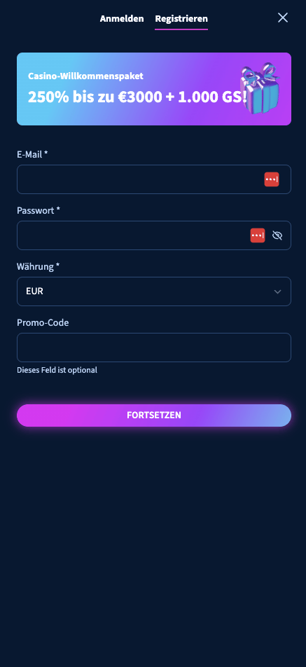 Anmeldeformular im Lunarspins Casino