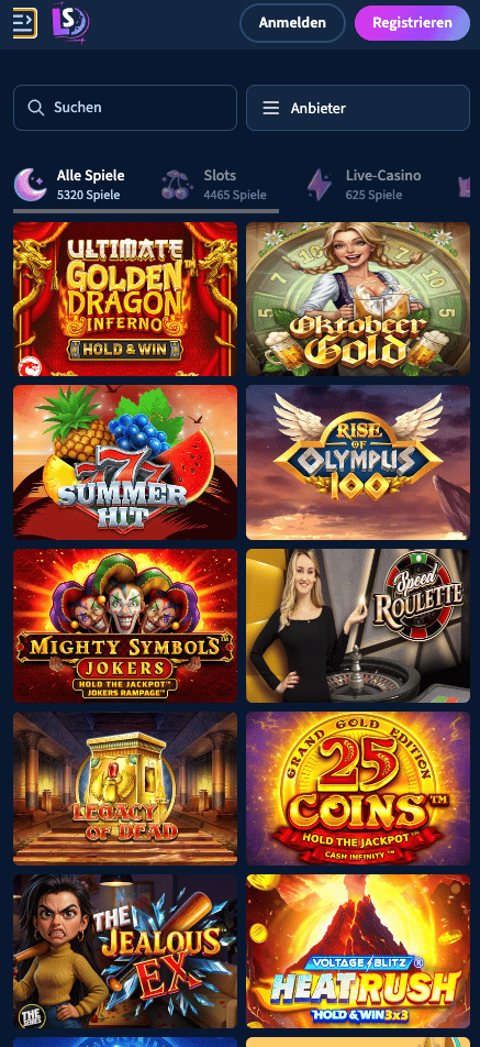 Spiellobby im Lunarspins Casino zeigt Spiele wie Oktober Gold neben anderen Spielkategorien